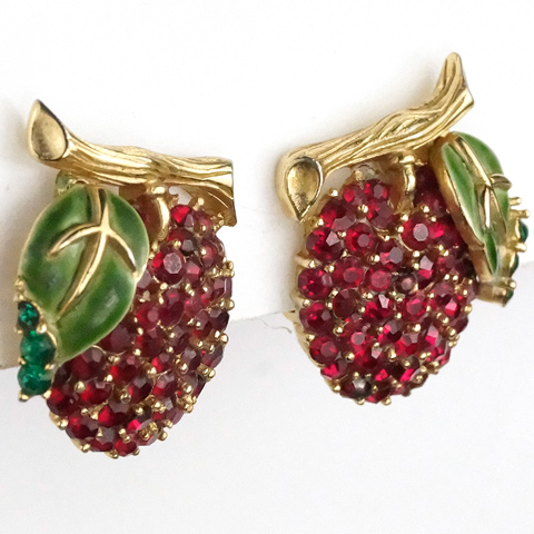 Trifari 'Alfred Philippe' Gold Ruby and Enamel Cherries on a Branch Clip Earrings