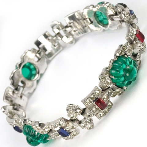 KTF Trifari 'Alfred Philippe' 'Sheherazade' 1930s Jewels of India Pave Emerald Fruit Salads Rubies and Sapphires Bracelet