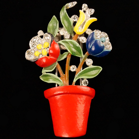 Trifari 'Alfred Philippe' Three Enamel Flowers in a Red Plant Pot Pin Clip