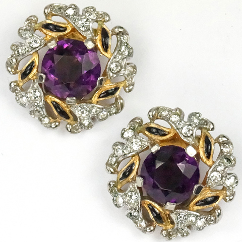 Trifari 'Alfred Philippe' Gold Amethyst and Black Enamel Pave Scrolls Floral Clip Earrings