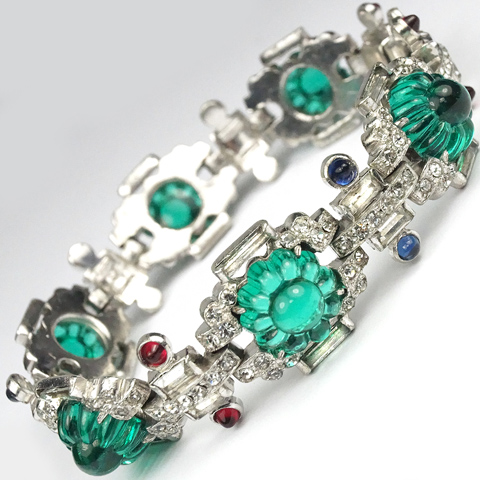 KTF Trifari 'Alfred Philippe' 'Sheherazade' 1930s Jewels of India Pave Baguettes Emerald Fruit Salads Rubies and Sapphires Bracelet