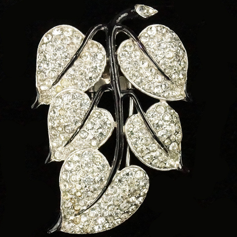 Trifari 'Alfred Philippe' Pave Heart Shaped Leaves and Black Enamel Branch Pin Clip