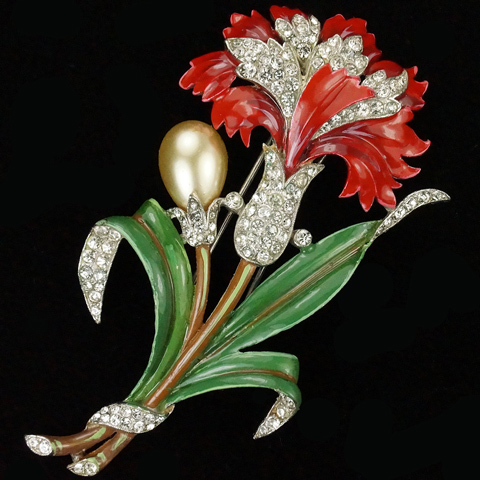 Trifari 'Alfred Philippe' Pave Enamel and Pearl Bud Large Red Carnation Pin Clip