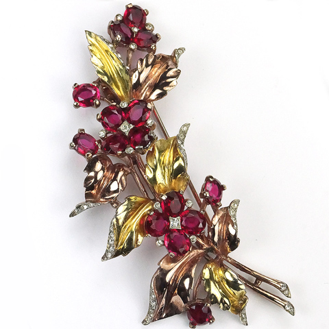 Trifari Sterling 'Alfred Philippe' Two Colour Gold and Rubies Floral Spray Pin Clip