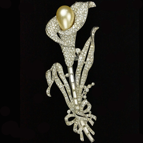 Trifari 'Alfred Philippe' Pave Baguettes and Pearl Giant Calla Lily Pin Clip