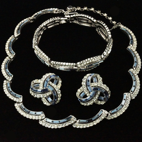 Trifari 'Alfred Philippe' Pave and Sapphire Baguettes Swirls and Infinite Loops Necklace Bracelet and Clip Earrings Set