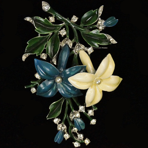 Trifari 'Alfred Philippe' Pave Pearls and Enamel Blue and White Jasmine Flower Pin