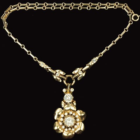 Trifari 'Alfred Philippe' Diamante Spangled Gold Rose Pendant Necklace