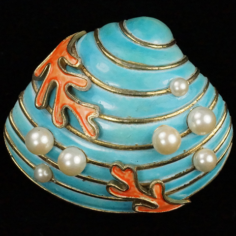 Trifari 'Alfred Philippe' Blue Oyster Seashell, Pink Coral and Pearl Bubbles Pin