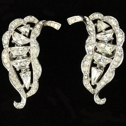 Trifari 'Alfred Philippe' Pave Diamante Demilunes and Triangle Cut Stones Leaf Swirl Clip Earrings