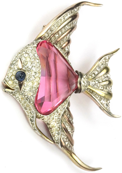 Trifari 'Alfred Philippe' Faceted Pink Topaz Belly Angelfish Pin Clip