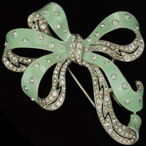 Trifari 'Joseph Wuyts' Pave and Spangled Green Enamel Bow Pin Clip