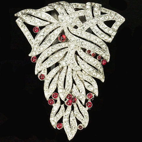 Trifari 'Alfred Philippe' Pave Leaves and Ruby Cabochon Fruits Dress Clip