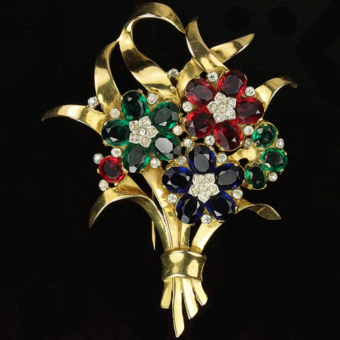 Trifari 'Alfred Philippe' Gold Leaves and Emerald Ruby and Sapphire Flowers Floral Spray Pin Clip