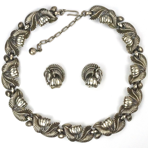 Trifari Gunmetal Bellflowers Choker Necklace and Clip Earrings Set