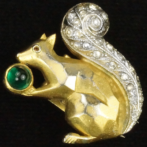 Trifari 'Alfred Philippe' Gold Pave and Emerald Squirrel with Acorn Pin Clip