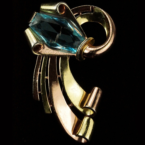 Trifari 'Alfred Philippe' Rose and Yellow Gold Deco Aquamarine Double Swirl Pin Clip