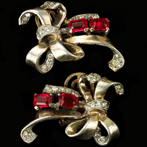 Trifari Sterling 'Alfred Philippe' Golden Bow with Rubies Clip Earrings