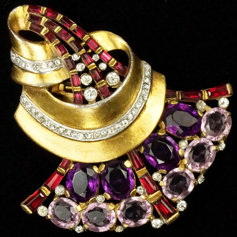 Trifari 'Alfred Philippe' Gold Ruby and Amethyst Fan Swirl Pin Clip