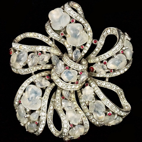 Trifari 'Alfred Philippe' Ruby Highlights and White Moonstone Fruit Salads Bow Rosette Pin Clip