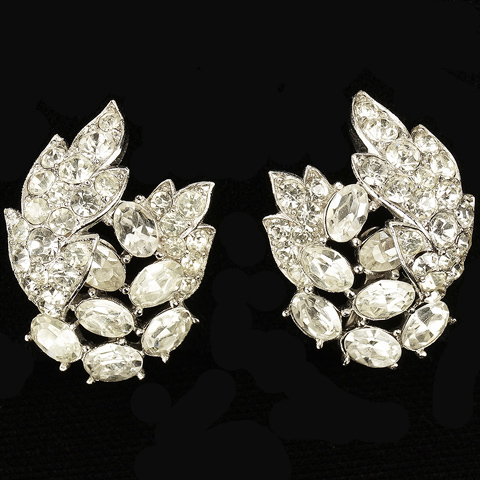 Trifari 'Alfred Philippe' Pave and Diamonds Flower and Leaf Swirl Clip Earrings