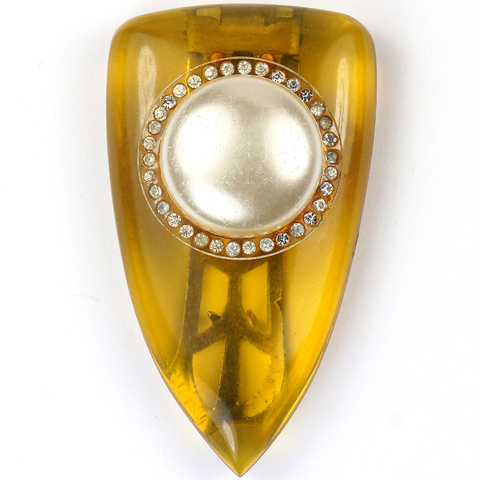 Trifari 'Maggy Rouff' Applejuice Bakelite and Pearl Deco Shield Dress Clip