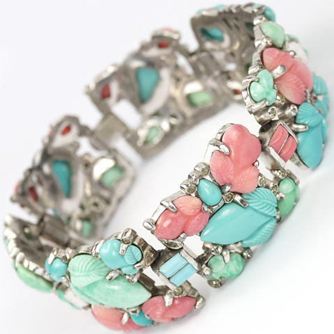 KTF Trifari 'Alfred Philippe' Jade Coral and Turquoise Fruit Salads Wide Seven Link Bracelet