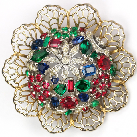 Trifari Sterling 'Alfred Philippe' 'Riviera' Series Tricolour Floral Dome and Openwork 'Lace Edge' Leaves Pin Clip