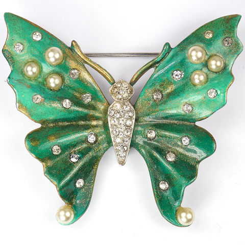 Trifari 'Alfred Philippe' 'Tropical Fantasies' Gold-Dusted Green Enamel and Pearls Butterfly Pin