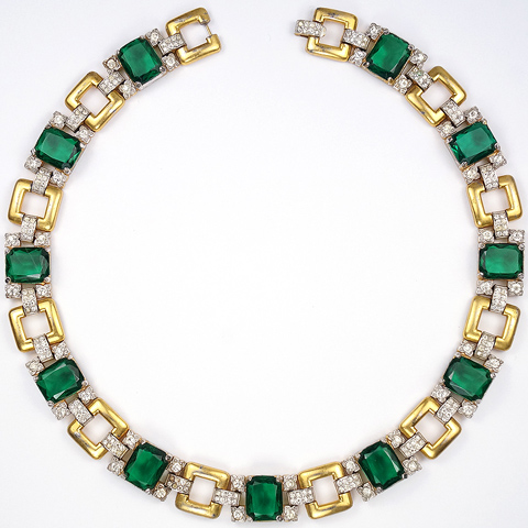 Trifari 'Alfred Philippe' Gold Pave and Emerald Necklace