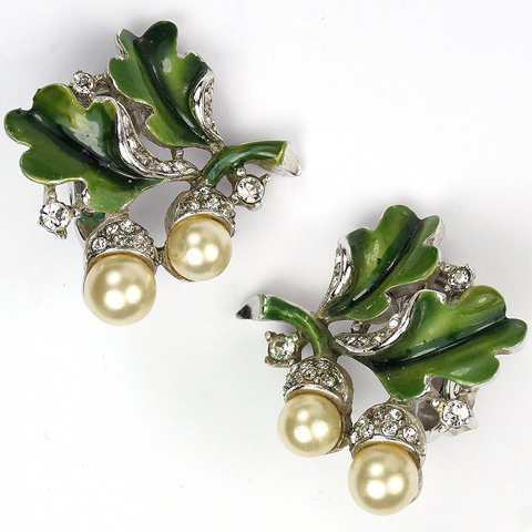 Trifari 'Alfred Philippe' Pave Green Enamel and Pearl Acorns and Oak Leaves Clip Earrings