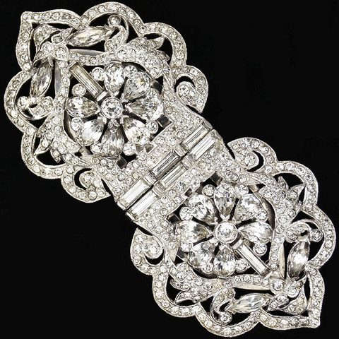 KTF Trifari 'Alfred Philippe' 1930s Jewels of India Pave and Baguettes Flower Pattern Pair of Dress Clips or Clipmate Pin