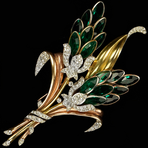 Trifari 'Alfred Philippe' Giant Two Colour Gold and Emeralds Double Lotus Flowers Floral Spray Pin Clip