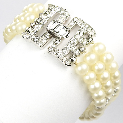 Trifari 'Alfred Philippe' Pave Baguettes and Three Strands of Pearls Bracelet