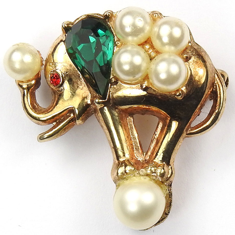 Trifari 'Alfred Philippe' Gold Emerald and Pearl Circus Elephant Standing on a Ball Pin