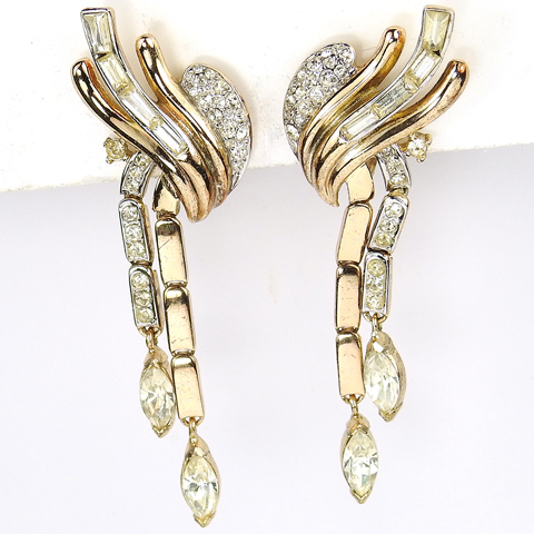 Trifari 'Alfred Philippe' Gold Pave and Baguettes Double Pendant Clip Earrings