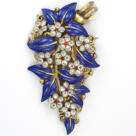 Trifari 'Alfred Philippe' Gold Blue Enamel Leaves and Diamante Spangled Flowers Floral Spray Pin Clip