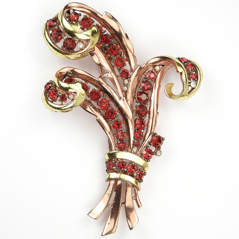 Trifari 'Alfred Philippe' Two Colour Gold and Rubies Triple 'Prince of Wales' Feathers Floral Spray Pin Clip