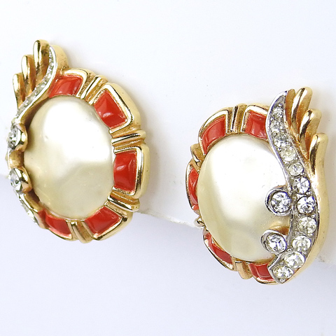 Trifari 'Alfred Philippe' 1960s Ming Series Red Enamel and Mother of Pearl Button Clip Earrings