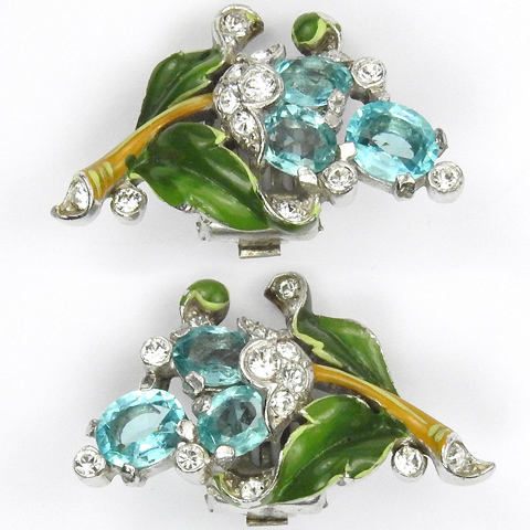 Trifari 'Alfred Philippe' Green Enamel Leaves and Aquamarine Flowers Clip Earrings