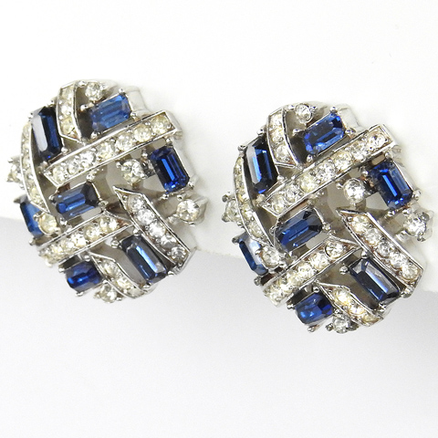 Trifari 'Alfred Philippe' Pave and Sapphire Baguettes Checkerboard Button Clip Earrings