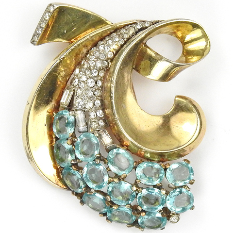 Trifari Sterling 'Alfred Philippe' Pave Aquamarines and Gold Scrolled Bow Pin Clip