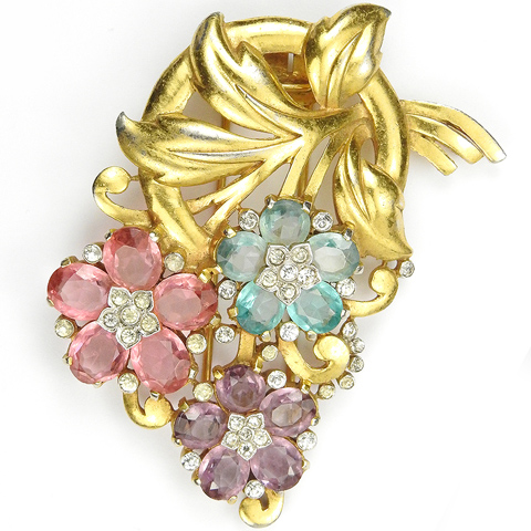 Trifari 'Alfred Philippe' Gold Leaf Swirl Pastel Pink Topaz Pale Amethyst and Aquamarine Flowers Floral Spray Pin Clip