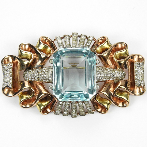 Trifari Sterling 'Alfred Philippe' Yellow and Rose Gold Pave Scrolls and Square Cut Aquamarine Pin