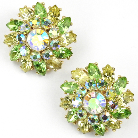 Trifari 'Alfred Philippe' Aurora Borealis Citrine and Peridot Star Flower Button Clip Earrings
