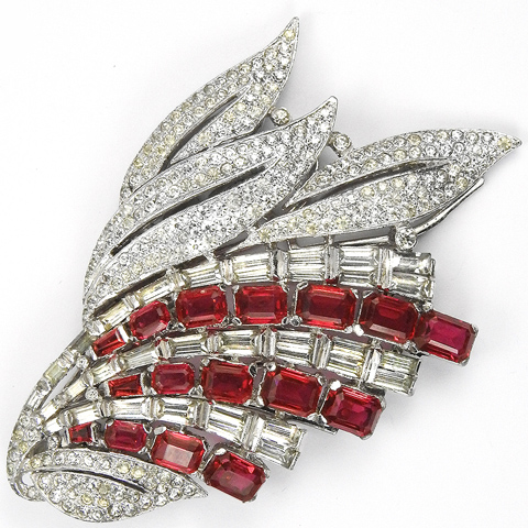 KTF Trifari 'Alfred Philippe' Pave and Baguettes Ruby Leaf Spray Deco Dress Clip