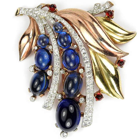 Trifari 'Alfred Philippe' Graduated Sapphire Cabochons Fruit and Two Colour Gold Leaves Floral Spray Pin Clip