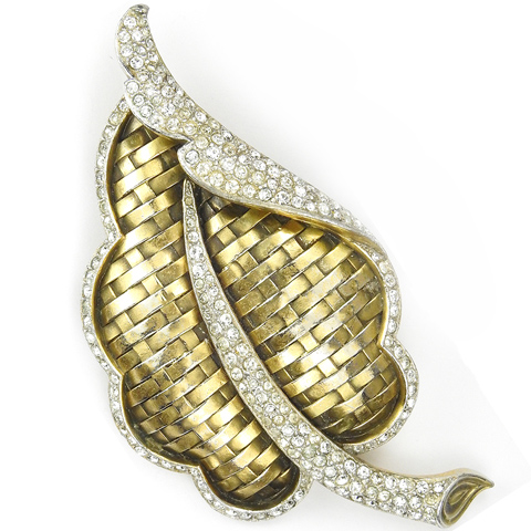 Trifari 'Alfred Philippe' Pave and Gold Basketweave Curling Leaf Pin Clip
