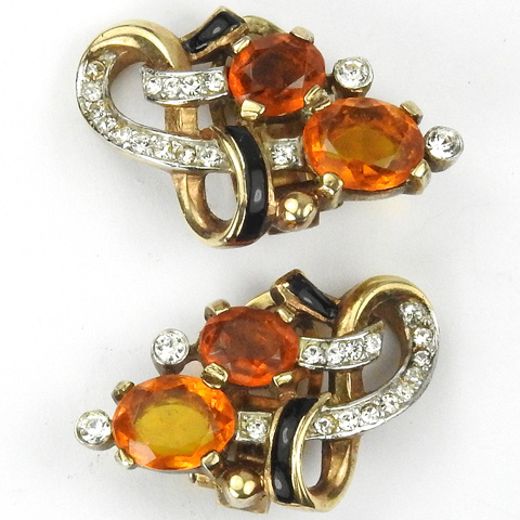 Trifari 'Alfred Philippe' 'Fontainebleau' Pave Black Enamel and Citrine Swirls Clip Earrings