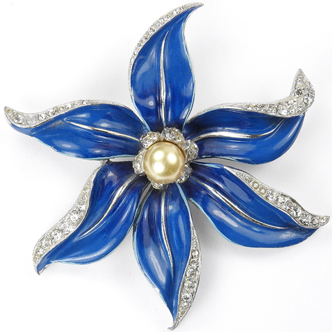 Trifari 'David Mir' Pave and Blue Enamel Single Clematis Flower with Pearl Pin